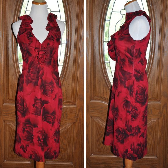 Elie Tahari Red & Black Ruffled V-Neck Knee Length Painted Red and Black Silk - Picture 1 of 7